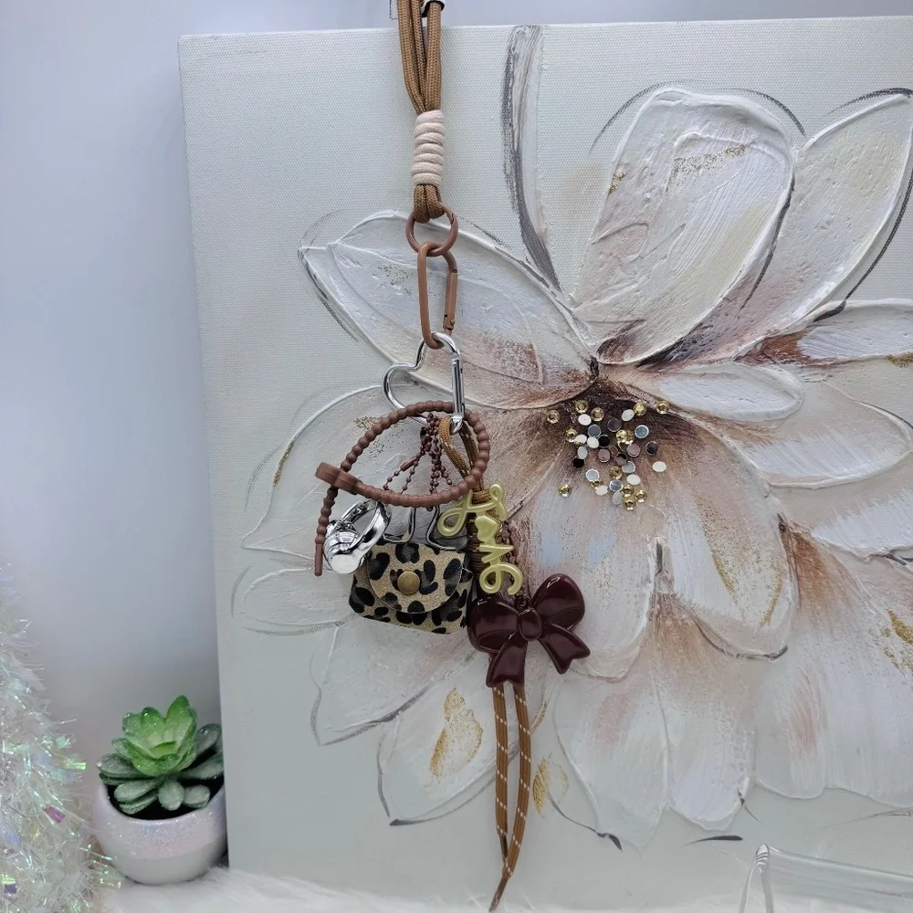 Leopard Print and Brown Bag Charm Keychain Set